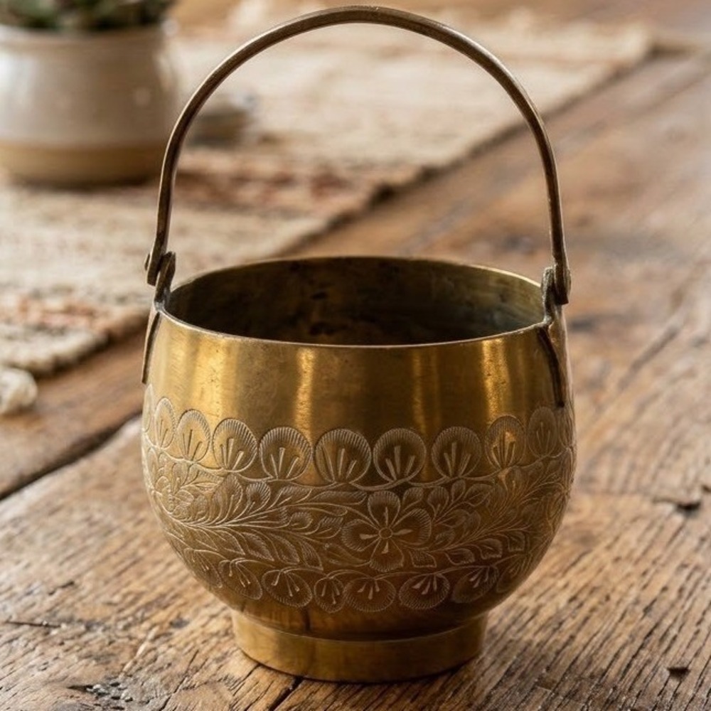 Vintage Etched Brass Bucket Small Floral Engraved Vessel Swing Handle Rustic